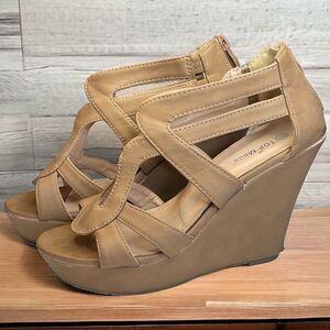 Top Moda Women's Beige Open Toe Strap Wedge Heel Platform Sandal Shoes Size 8